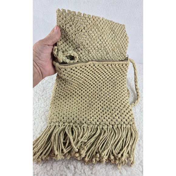 VTG Macrame Ivory Crossbody Handbag Purse Crochet Fringe Hippie Boho Zipper - Picture 6 of 10